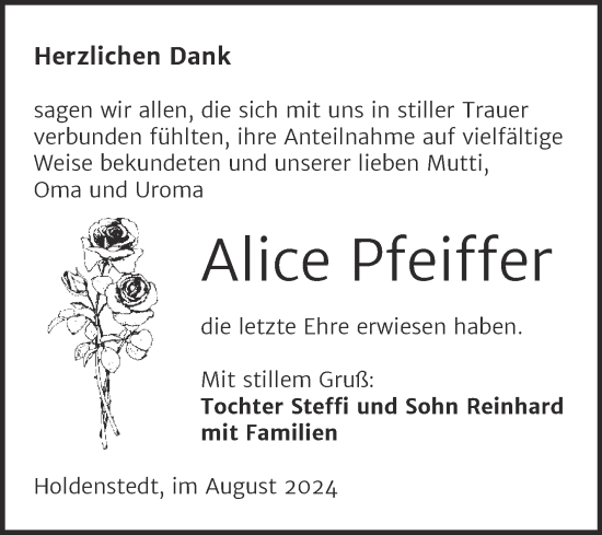 Traueranzeige von Alice Pfeiffer von Trauerkombi Sangerhausen