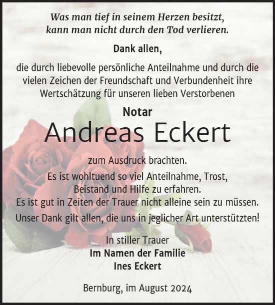 Traueranzeige von Andreas Eckert von Trauerkombi Bernburg