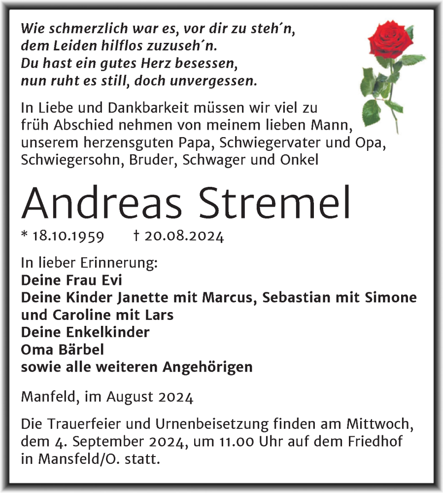  Traueranzeige für Andreas Stremel vom 24.08.2024 aus Trauerkombi Mansfelder Land