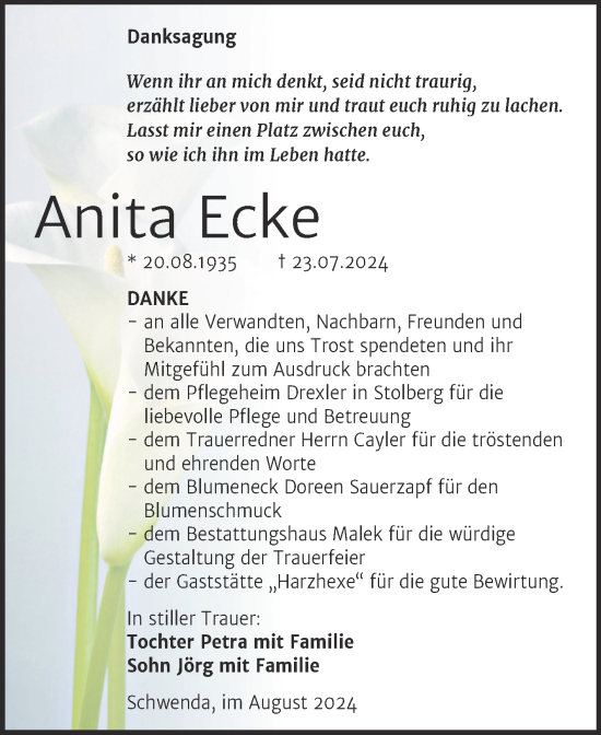 Traueranzeige von Anita Ecke von Trauerkombi Sangerhausen