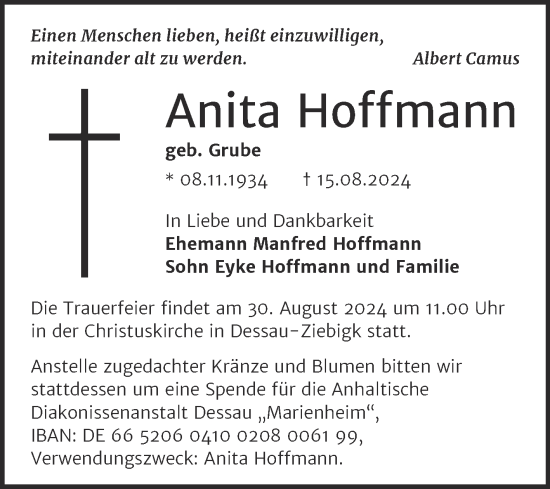 Traueranzeige von Anita Hoffmann von Trauerkombi Dessau