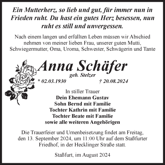 Traueranzeige von Anna Schäfer von Volksstimme Staßfurt
