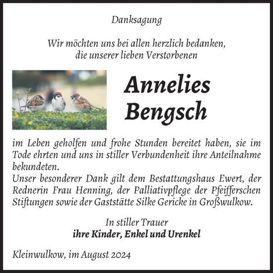 Traueranzeige von Annelies Bengsch von Volksstimme Burg/Genthin