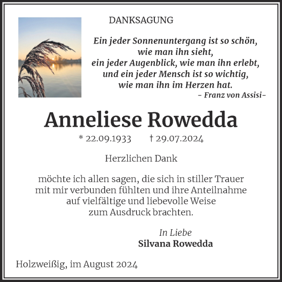 Traueranzeige von Anneliese Rowedda von Trauerkombi Bitterfeld