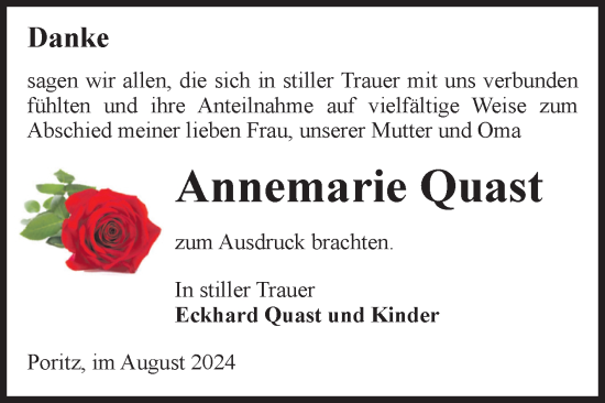 Traueranzeige von Annemarie Quast von Volksstimme Altmark Ost