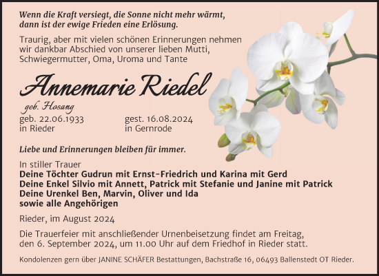 Traueranzeige von Annemarie Riedel von Trauerkombi Quedlinburg