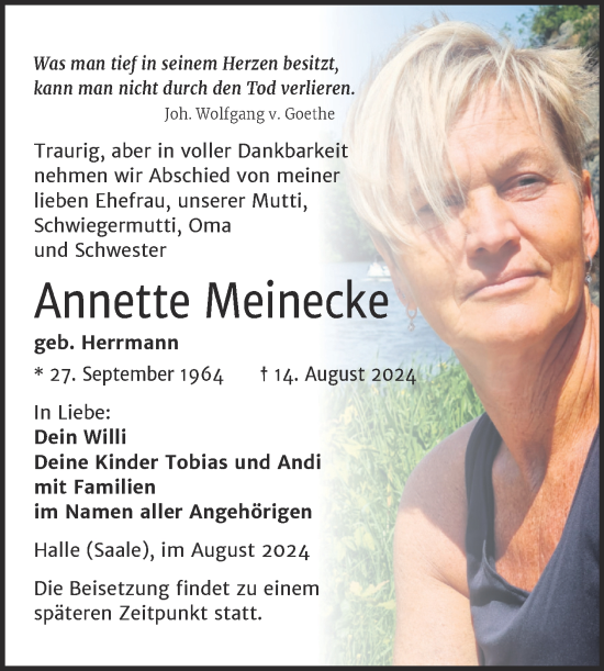 Traueranzeige von Annette Meinecke von Mitteldeutsche Zeitung Halle/Saalkreis