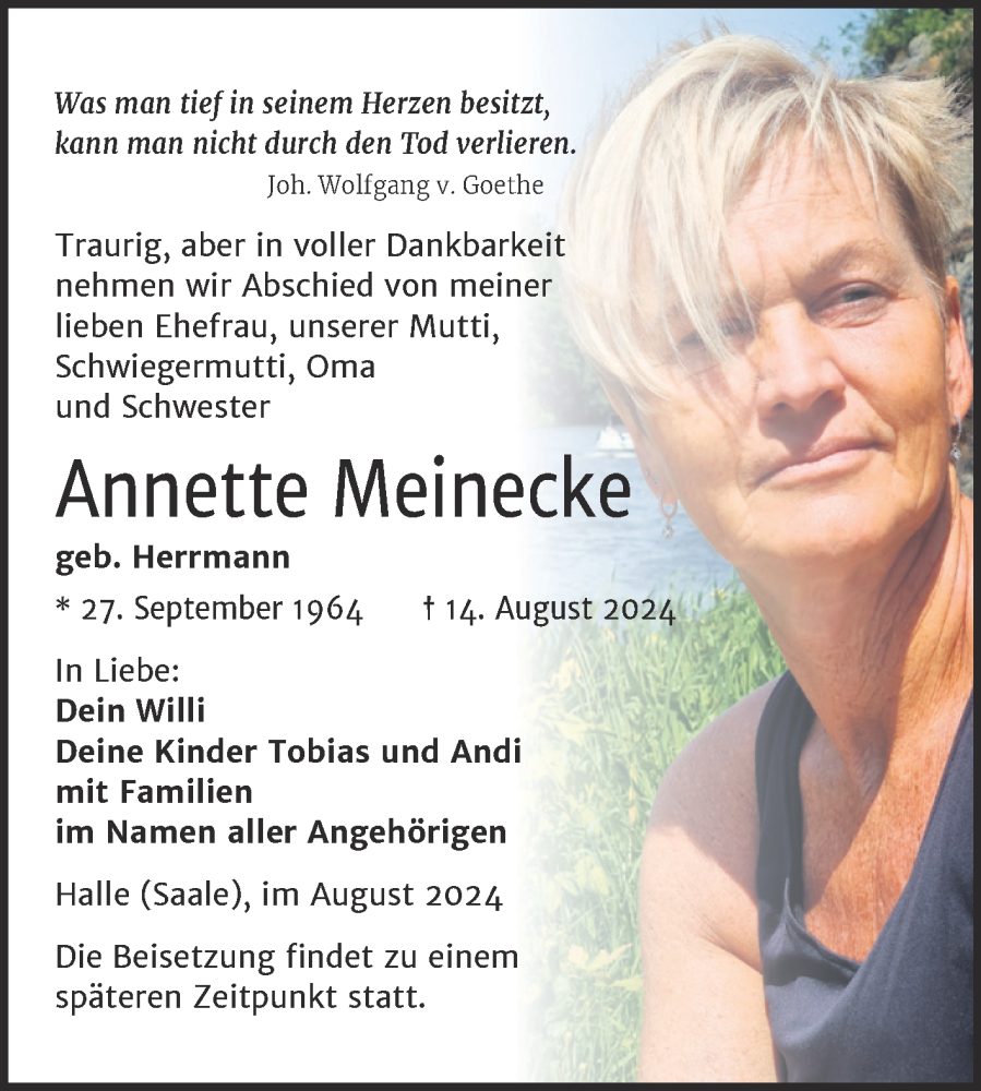  Traueranzeige für Annette Meinecke vom 24.08.2024 aus Mitteldeutsche Zeitung Halle/Saalkreis