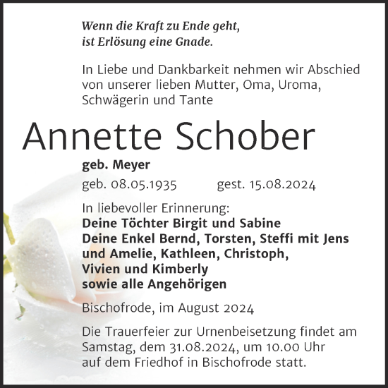 Traueranzeige von Annette Schober von Trauerkombi Mansfelder Land