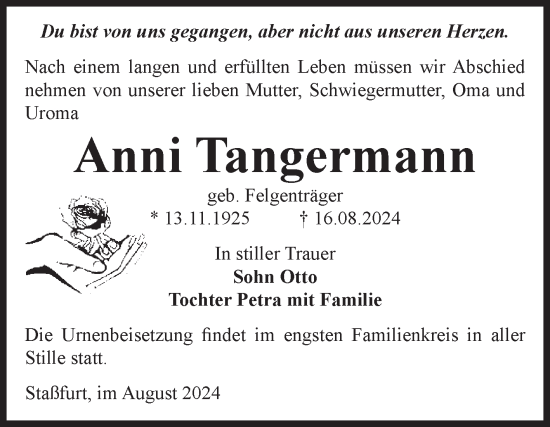 Traueranzeige von Anni Tangermann von Volksstimme Staßfurt