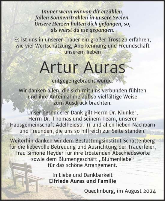 Traueranzeige von Artur Auras von Trauerkombi Quedlinburg