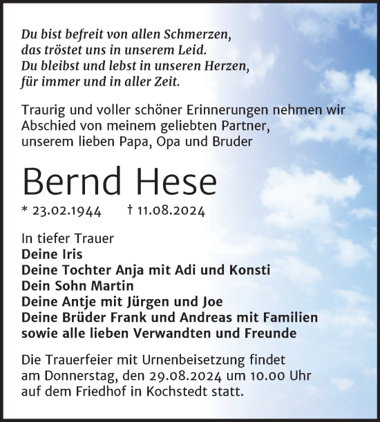 Traueranzeige von Bernd Hese von Trauerkombi Dessau