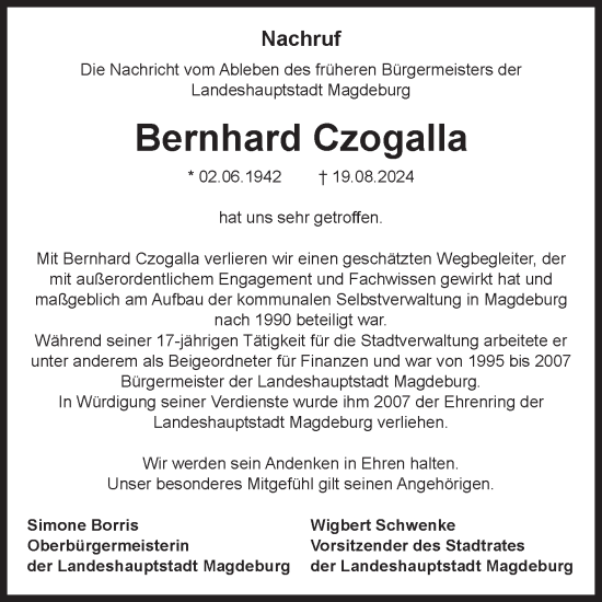 Traueranzeige von Bernhard Czogalla von Volksstimme Magdeburg