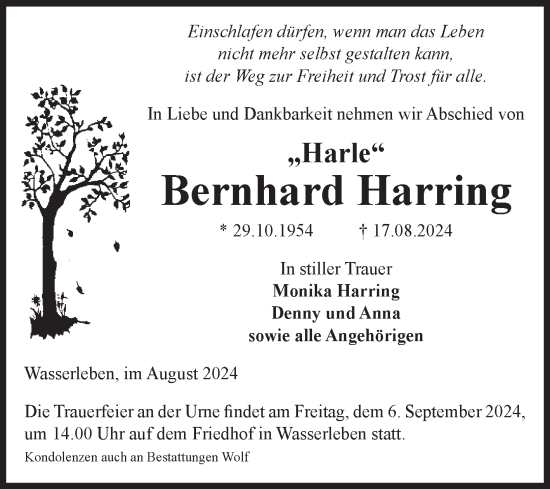 Traueranzeige von Bernhard Harring von Volksstimme Wernigerode