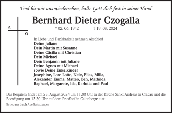 Traueranzeige von Bernhard Dieter Czogalla von Volksstimme Magdeburg