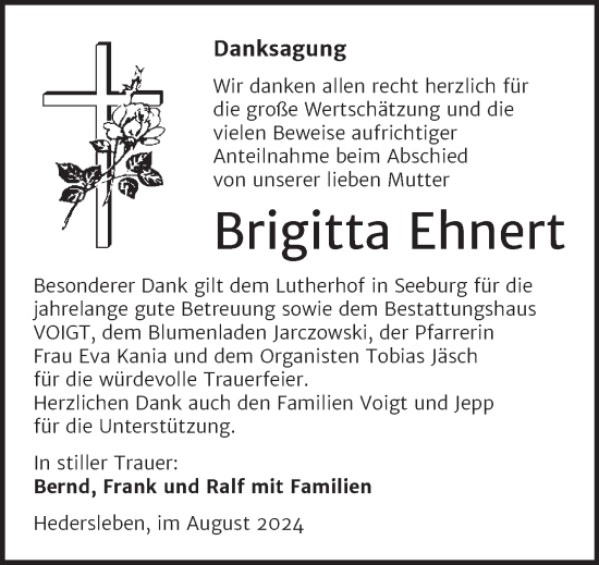 Traueranzeige von Brigitta Ehnert von Trauerkombi Mansfelder Land