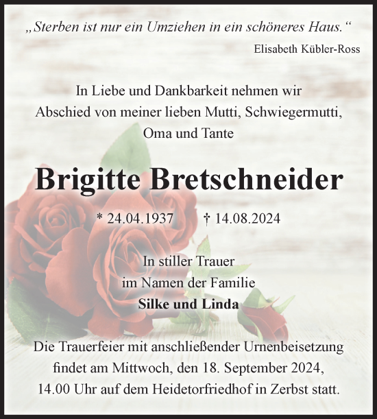 Traueranzeige von Brigitte Bretschneider von Volksstimme Zerbst