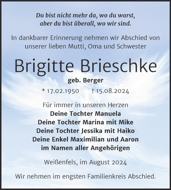 Traueranzeige von Brigitte Brieschke von Trauerkombi Weißenfels