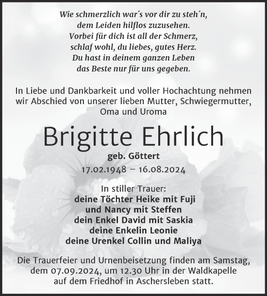 Traueranzeige von Brigitte Ehrlich von Trauerkombi Aschersleben