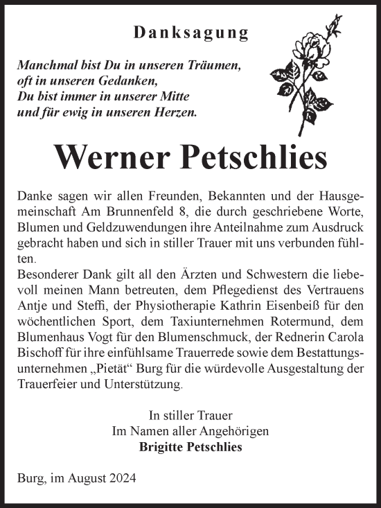 Traueranzeige von Brigitte Petschlies von Volksstimme Burg/Genthin