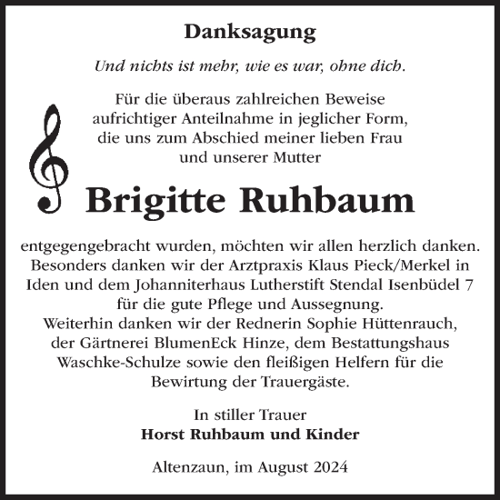 Traueranzeige von Brigitte Ruhbaum von Volksstimme Altmark Ost