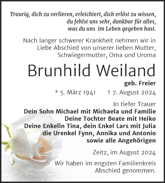 Traueranzeige von Brunhild Weiland von Trauerkombi Zeitz