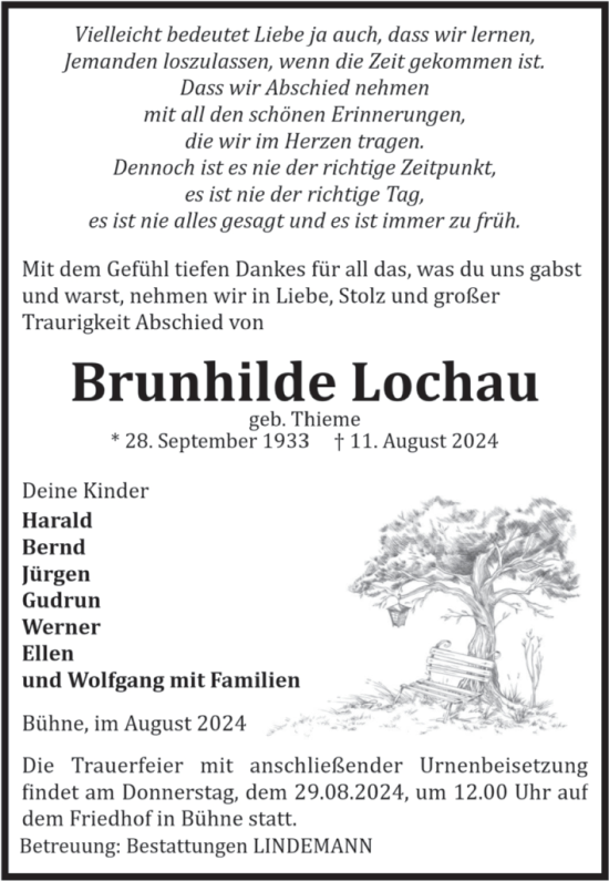 Traueranzeige von Brunhilde Lochau von Volksstimme Halberstadt