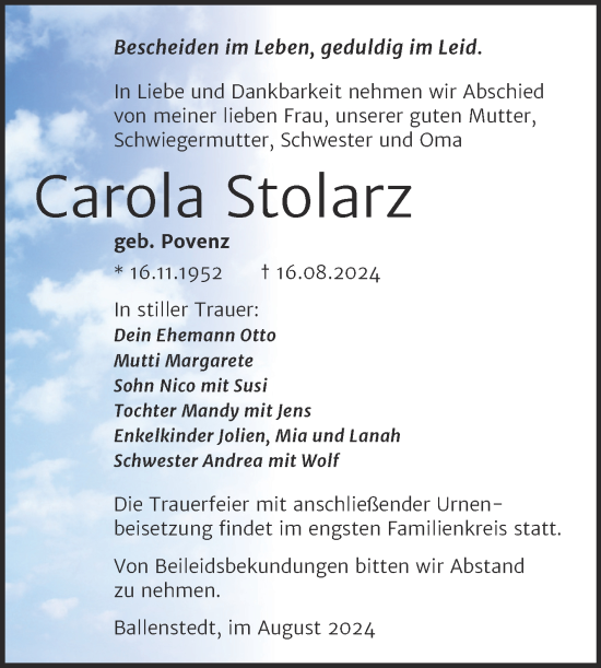 Traueranzeige von Carola Stolarz von Trauerkombi Quedlinburg