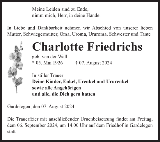 Traueranzeige von Charlotte Friedrichs von Volksstimme Altmark West