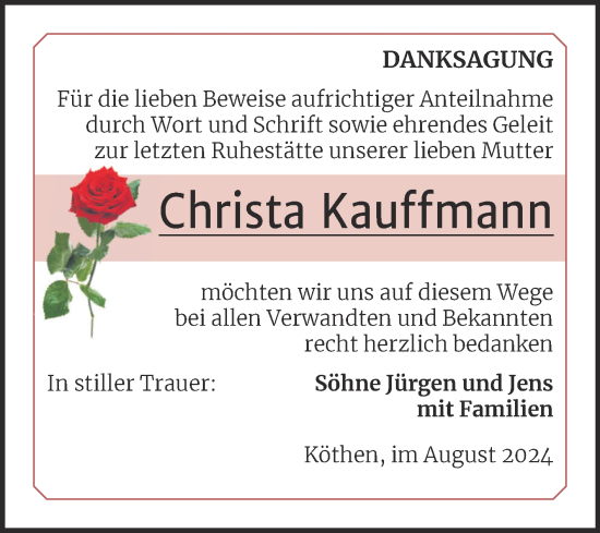 Traueranzeige von Christa Kauffmann von Trauerkombi Köthen