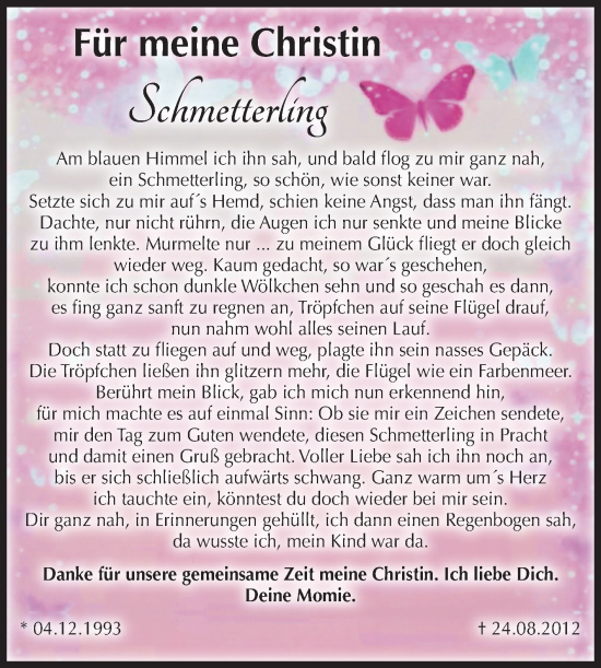 Traueranzeige von Christin  von Volksstimme Magdeburg