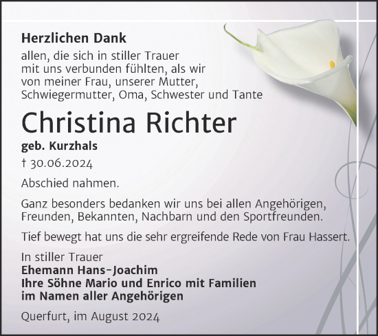 Traueranzeige von Christina Richter von Trauerkombi Merseburg