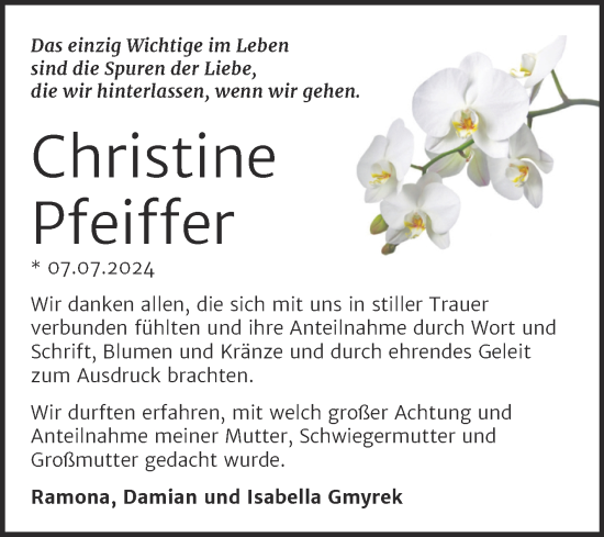 Traueranzeige von Christine Pfeiffer von Trauerkombi Mansfelder Land