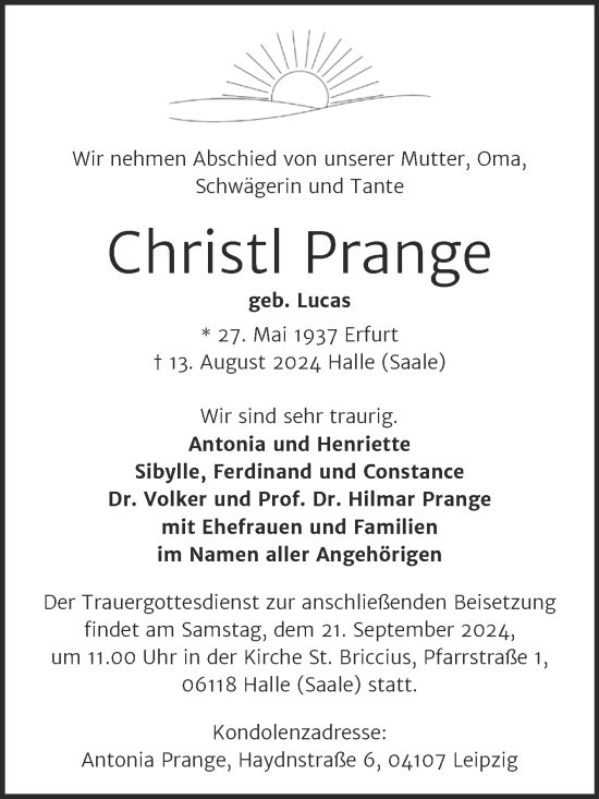 Traueranzeige von Christl Prange von Mitteldeutsche Zeitung Halle/Saalkreis