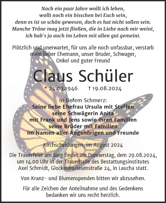 Traueranzeige von Claus Schüler von Naumburger Tageblatt