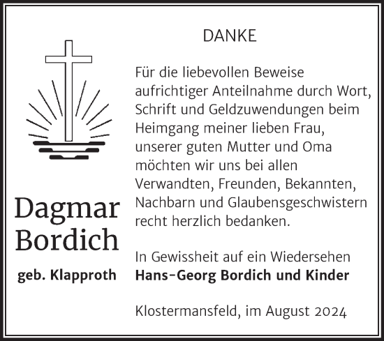 Traueranzeige von Dagmar Bordich von Trauerkombi Mansfelder Land
