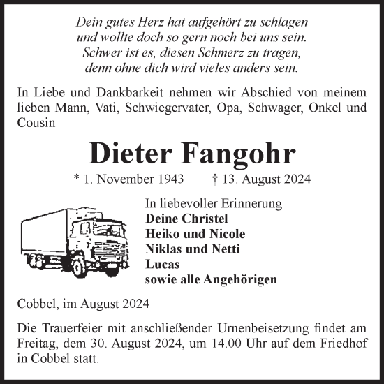 Traueranzeige von Dieter Fangohr von Volksstimme Altmark Ost