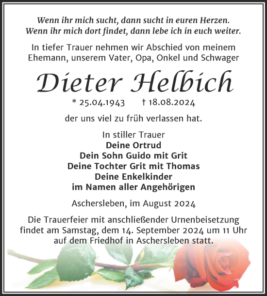 Traueranzeige von Dieter Helbich von Trauerkombi Aschersleben