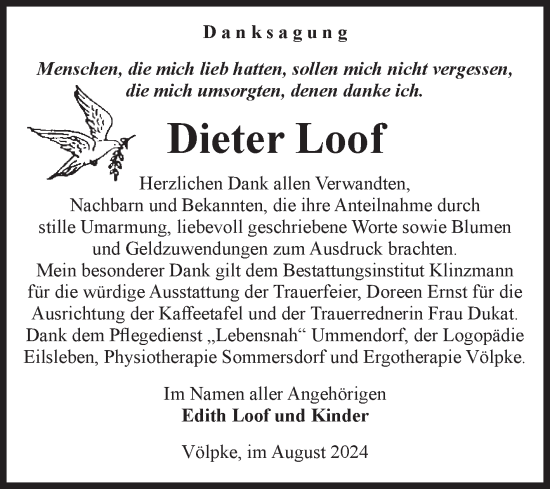 Traueranzeige von Dieter Loof von Volksstimme Oschersleben/Wanzleben