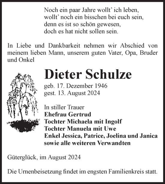 Traueranzeige von Dieter Schulze von Volksstimme Zerbst