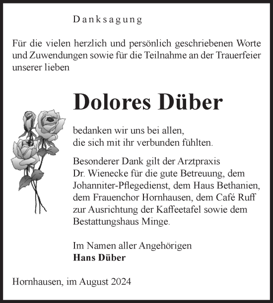 Traueranzeige von Dolores Düber von Volksstimme Oschersleben/Wanzleben