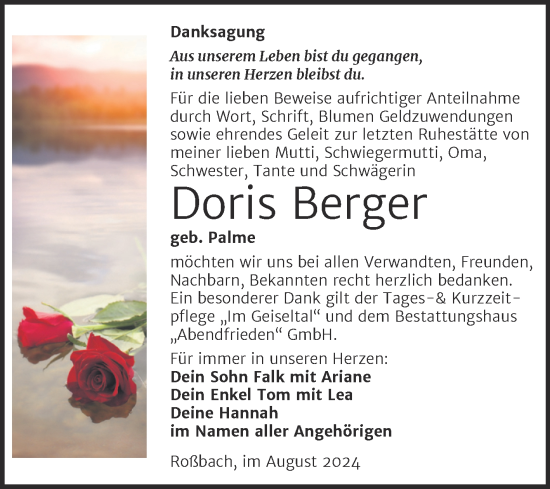 Traueranzeige von Doris Berger von Trauerkombi Merseburg