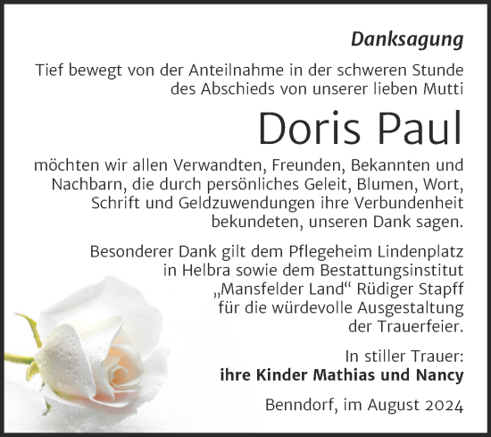 Traueranzeige von Doris Paul von Trauerkombi Mansfelder Land
