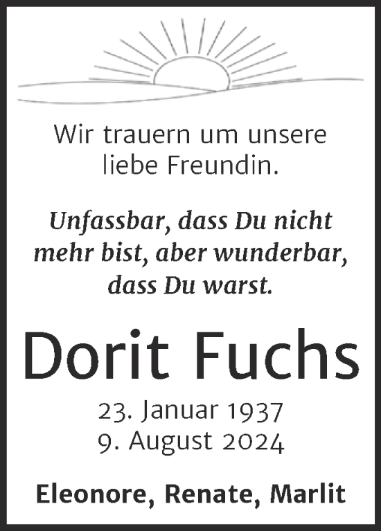 Traueranzeige von Dorit Fuchs von Trauerkombi Weißenfels