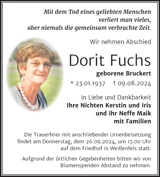 Traueranzeige von Dorit Fuchs von Trauerkombi Weißenfels