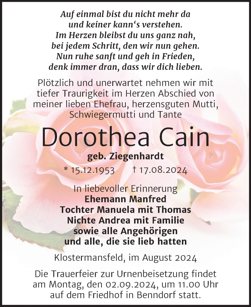  Traueranzeige für Dorothea Cain vom 24.08.2024 aus Trauerkombi Mansfelder Land