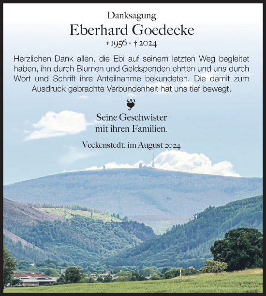 Traueranzeige von Eberhard Goedecke von Volksstimme Wernigerode
