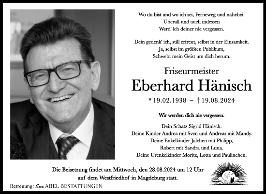 Traueranzeige von Eberhard Hänisch von Volksstimme Magdeburg