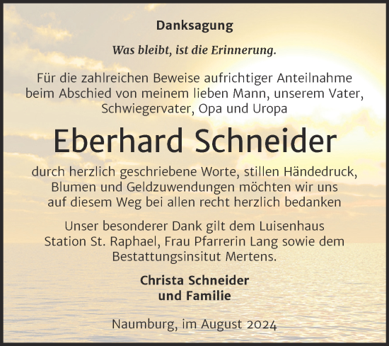 Traueranzeige von Eberhard Schneider von Super Sonntag Naumburg/Nebra