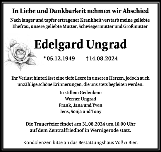 Traueranzeige von Edelgard Ungrad von Volksstimme Wernigerode